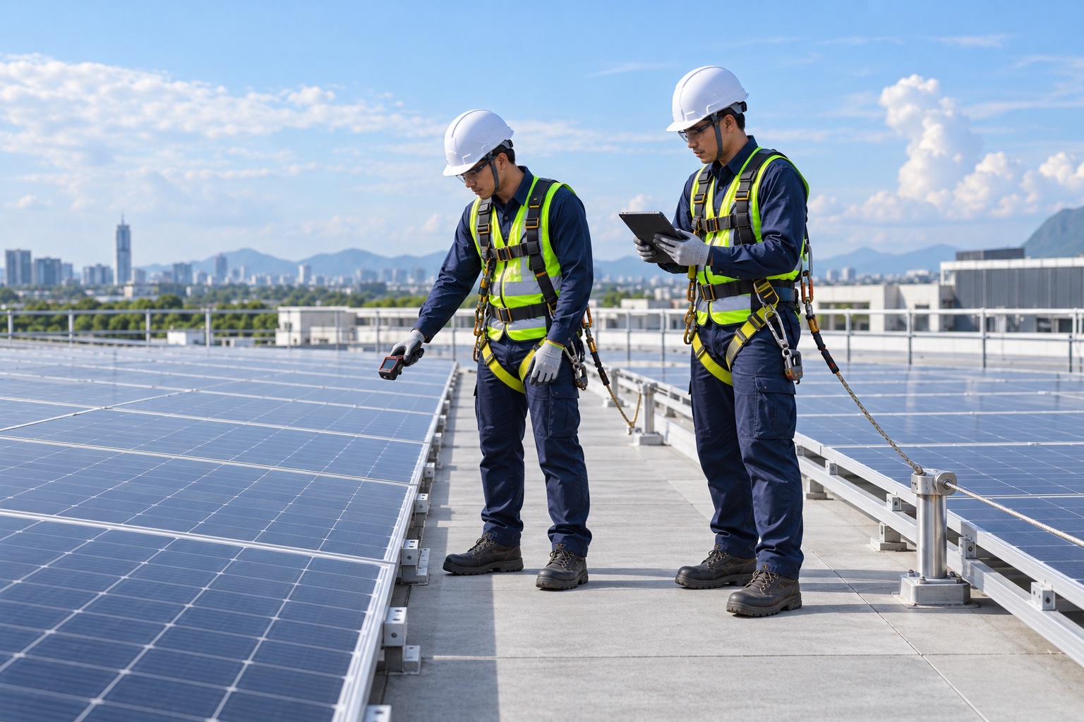 Illustrative solar technicians inspecting a rooftop array